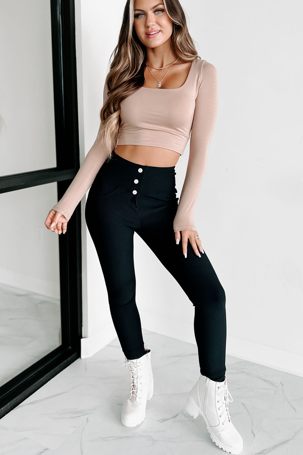 Glad You Stayed Square Neck Long Sleeve Crop Top (Tan) - NanaMacs