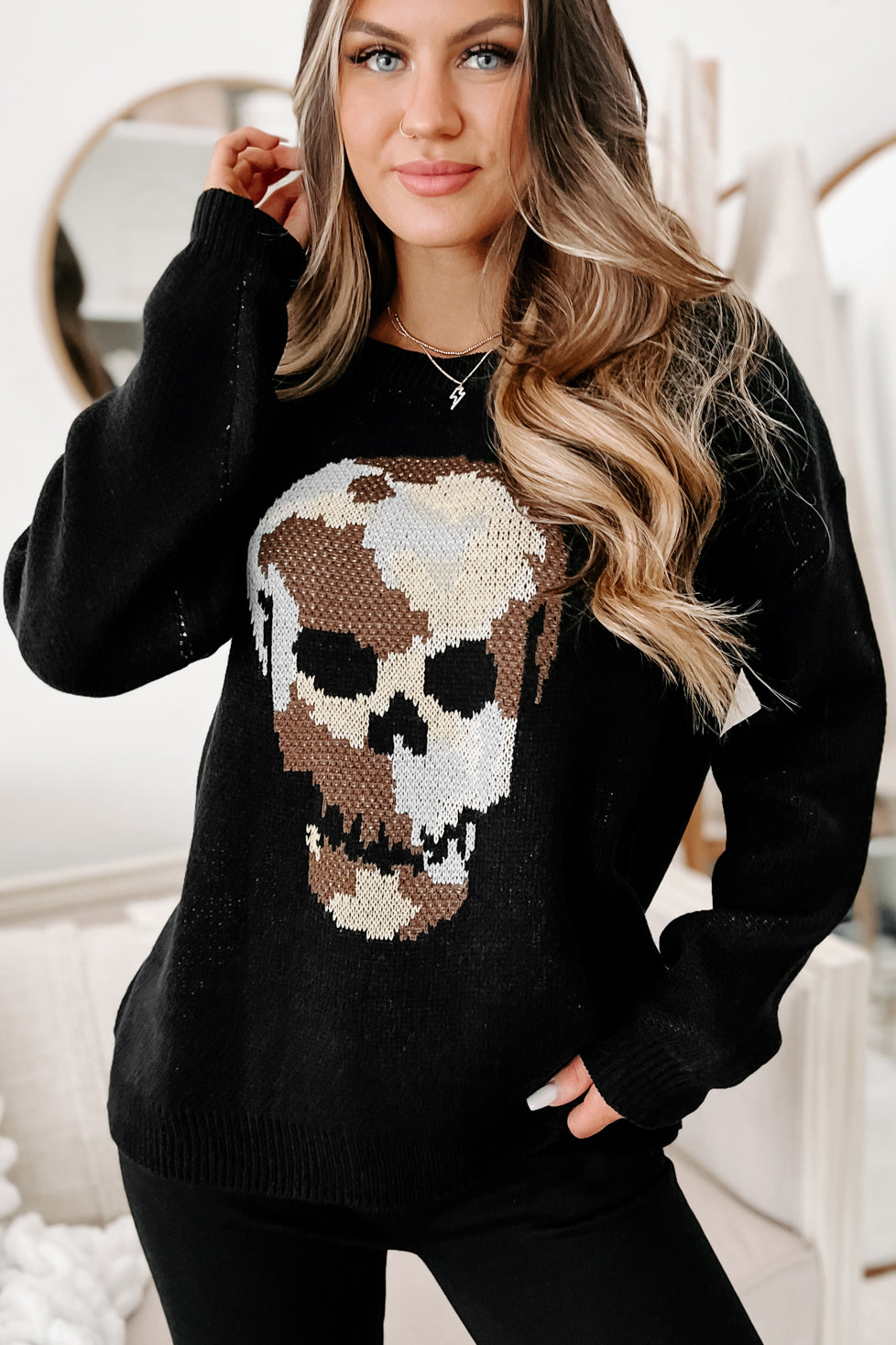 Just A Heads Up Camo Skull Sweater (Black) - NanaMacs