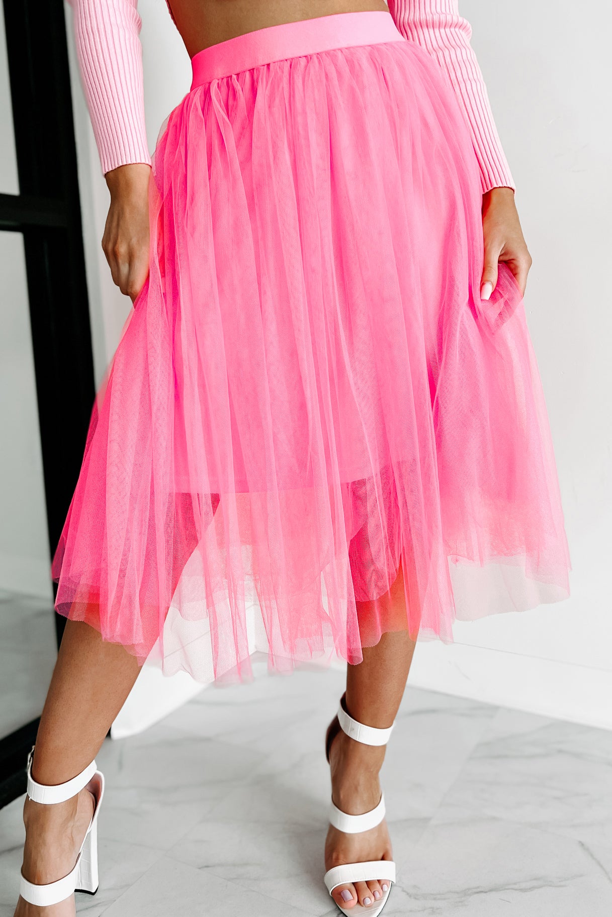 Pink mesh outlet midi skirt