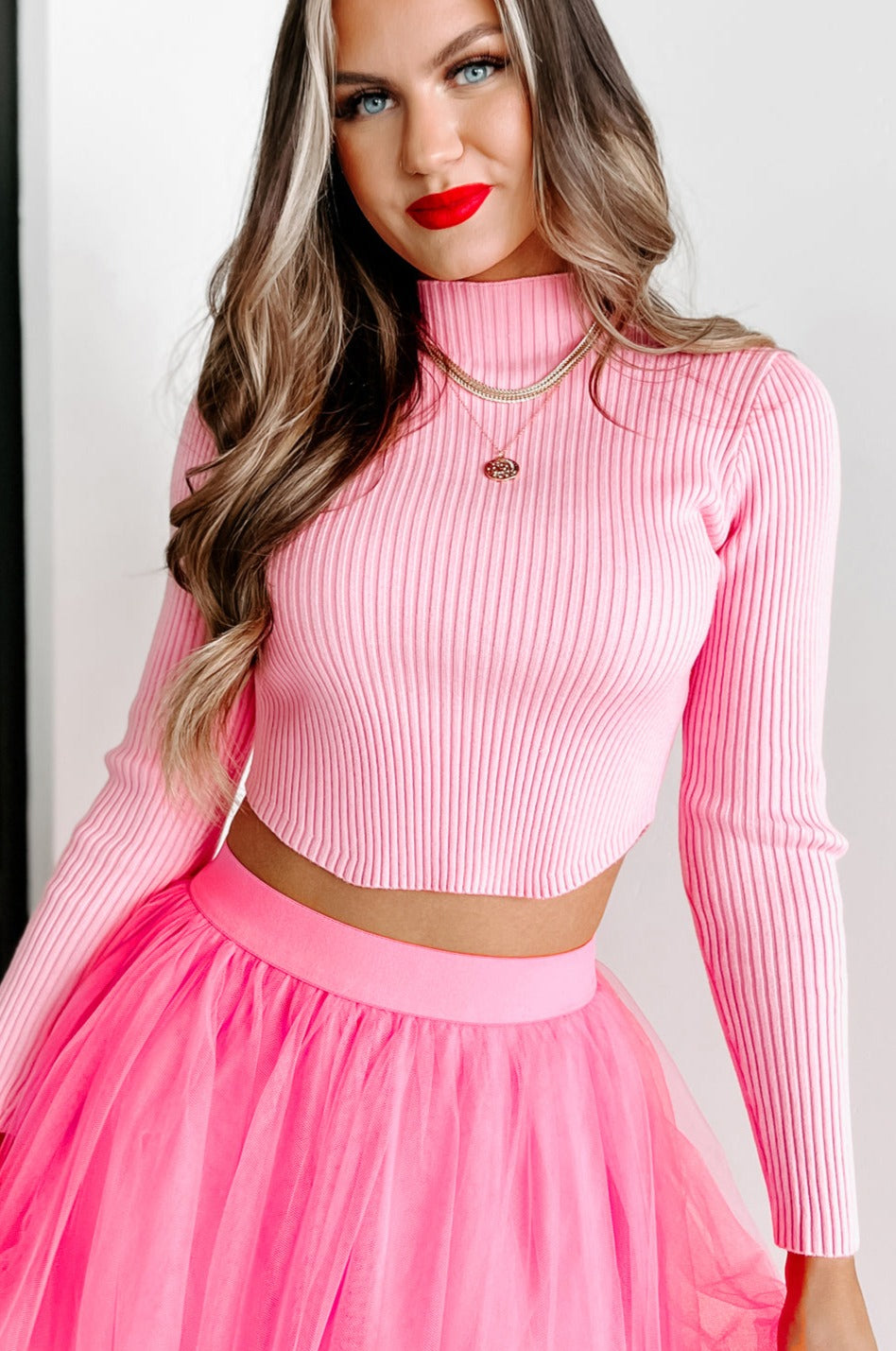 All About Us Mock Neck Cropped Sweater Top (Candy Pink) - NanaMacs