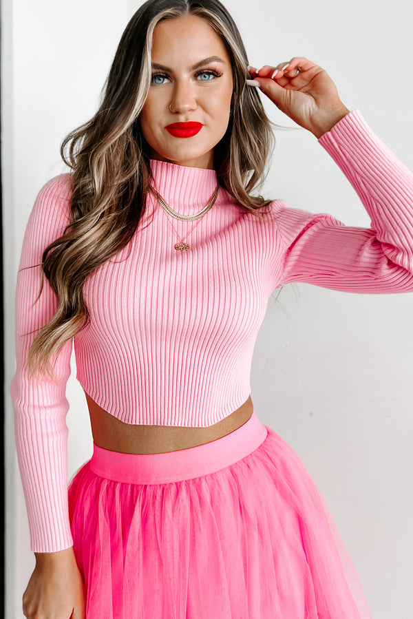 All About Us Mock Neck Cropped Sweater Top (Candy Pink) - NanaMacs