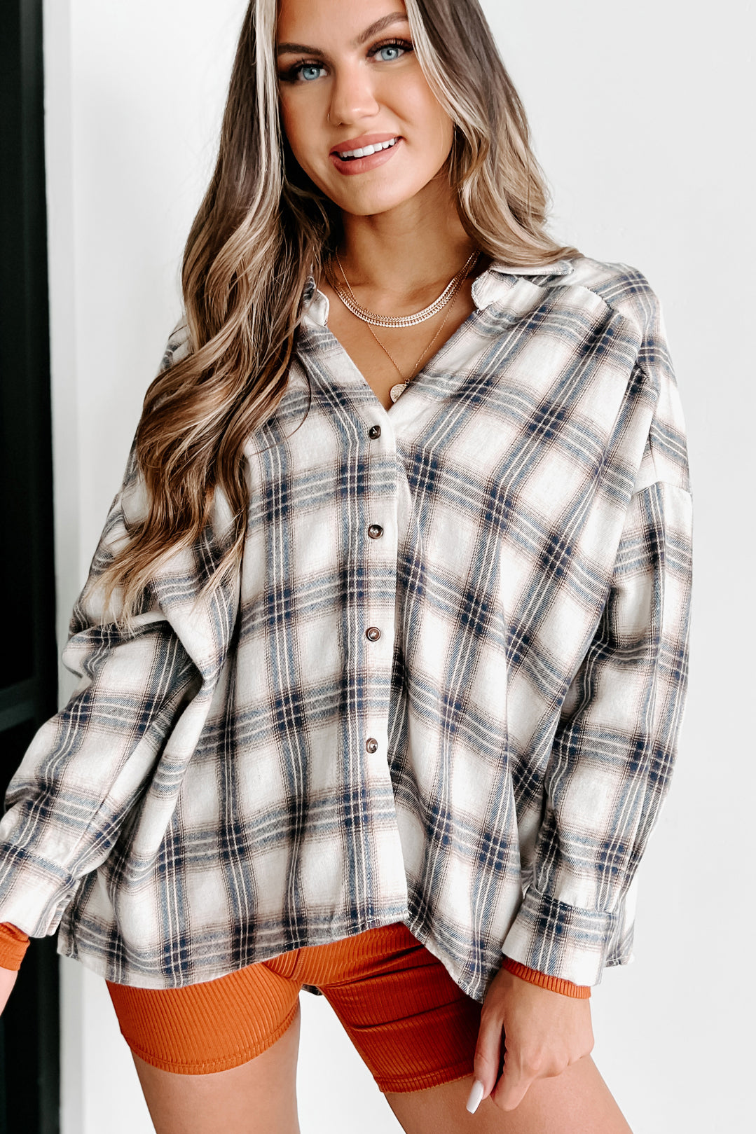 New Highs & Lows Oversized Plaid Button-Down Top (Navy/Taupe) - NanaMacs