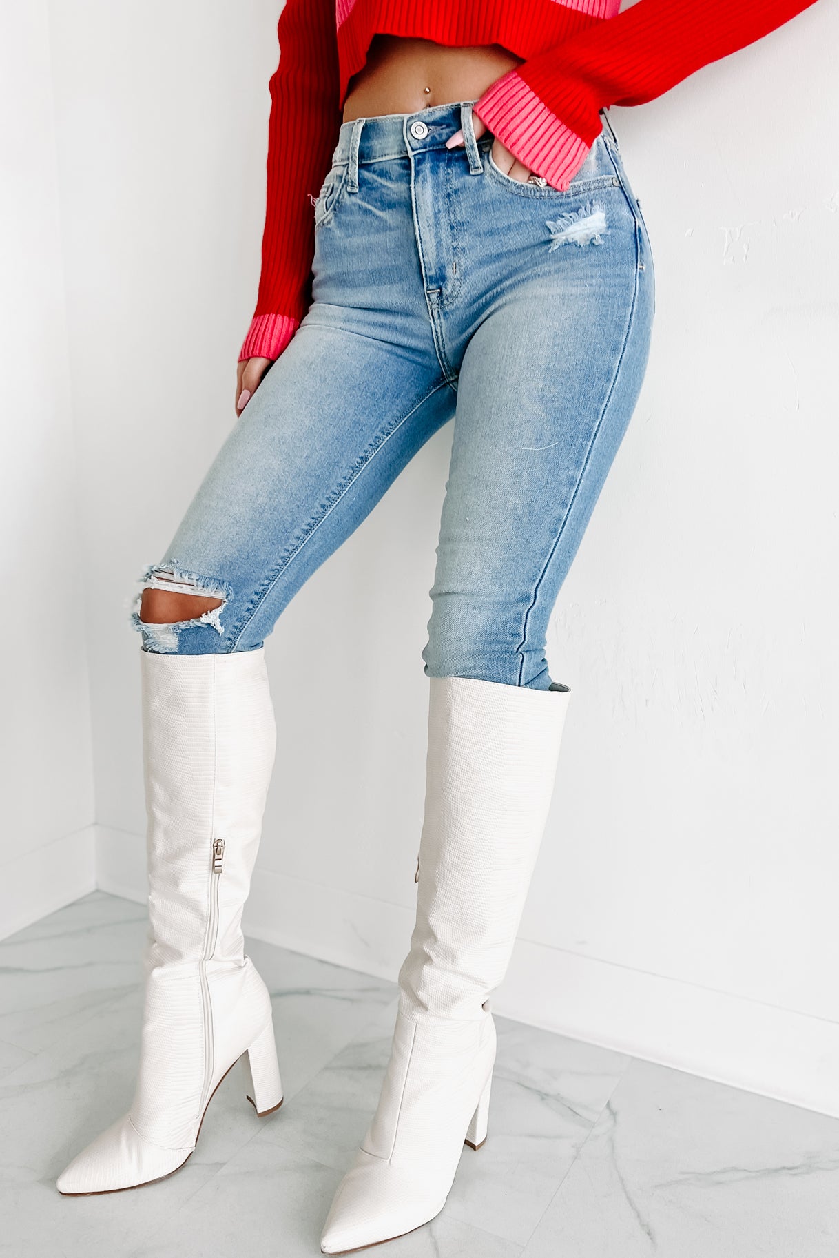 High waisted jeans outlet with knee high boots