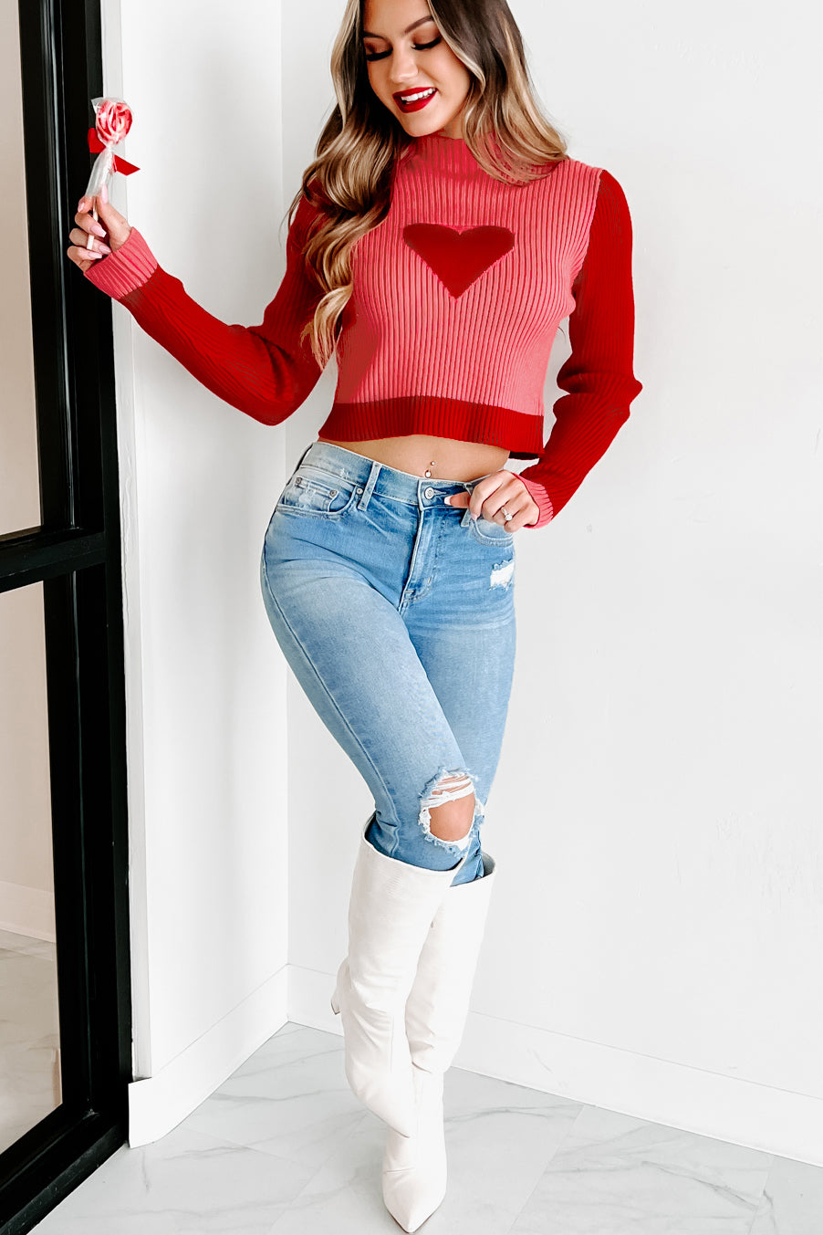 Center Of My Universe Cropped Heart Print Sweater (Pink/Red) - NanaMacs