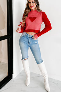 Center Of My Universe Cropped Heart Print Sweater (Pink/Red) - NanaMacs