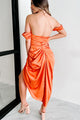 Hide My Feelings Off The Shoulder Satin Midi Dress (Orange) - NanaMacs