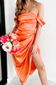 Hide My Feelings Off The Shoulder Satin Midi Dress (Orange) - NanaMacs