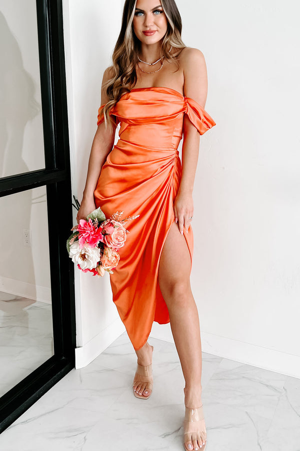 Hide My Feelings Off The Shoulder Satin Midi Dress (Orange) - NanaMacs