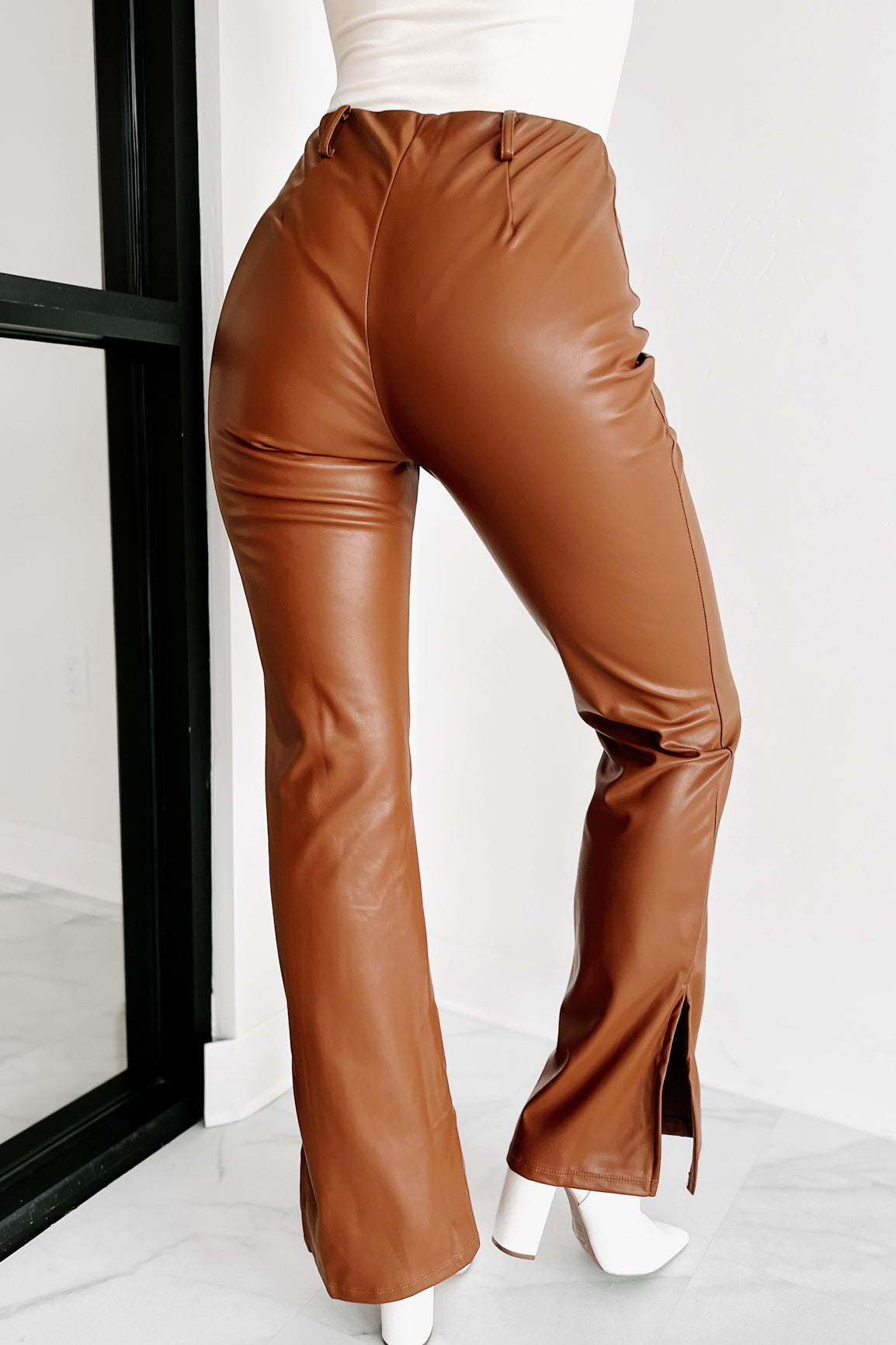 Kimora Split Flare Faux Leather Pants (Cognac) - NanaMacs