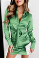 Shattering Expectations Tie-Front Satin Shirt Dress (Spearmint Green) - NanaMacs