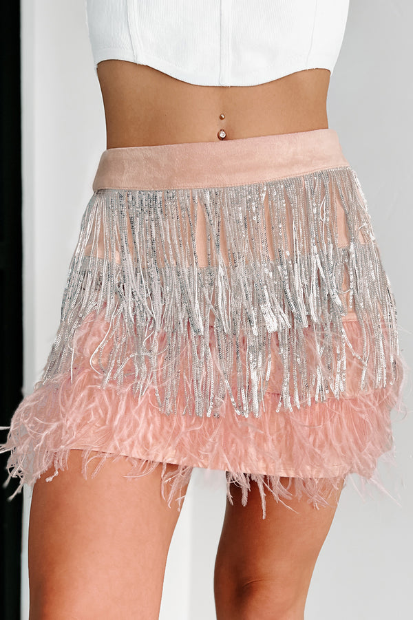 Sweet & Spicy Sequin Fringe & Feather Mini Skirt (Pink) - NanaMacs