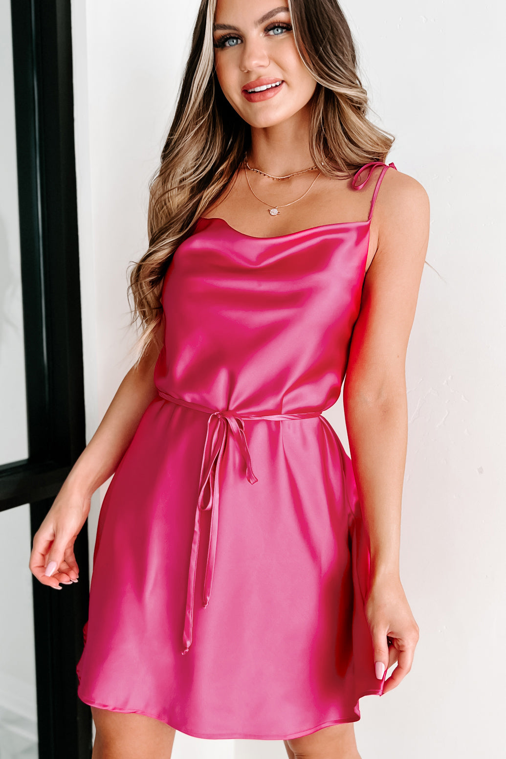 Smooth Transition Satin Cowl Neck Mini Dress (Pink) · NanaMacs