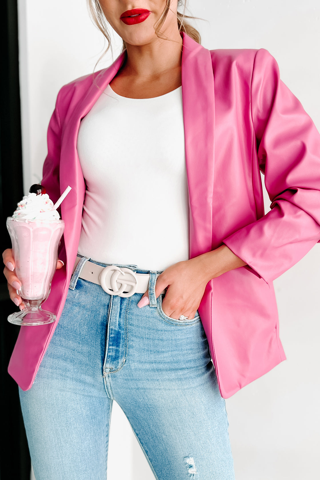 We Run The World Faux Leather Blazer (Pink) · NanaMacs