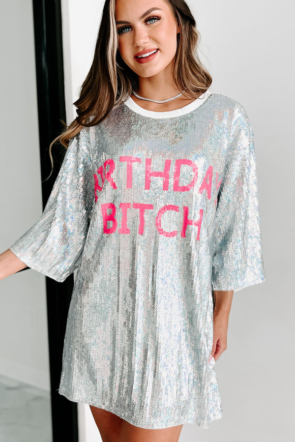 "Birthday Bitch" Sequin Mini Dress (Silver) - NanaMacs