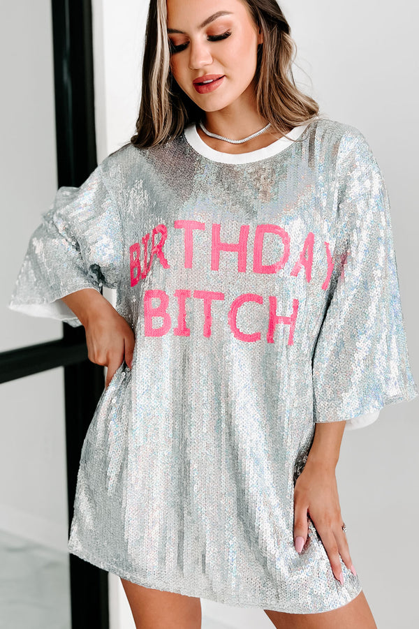 "Birthday Bitch" Sequin Mini Dress (Silver) - NanaMacs