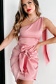 Party Glam One Shoulder Wrap-Front Mini Dress (Pink) - NanaMacs