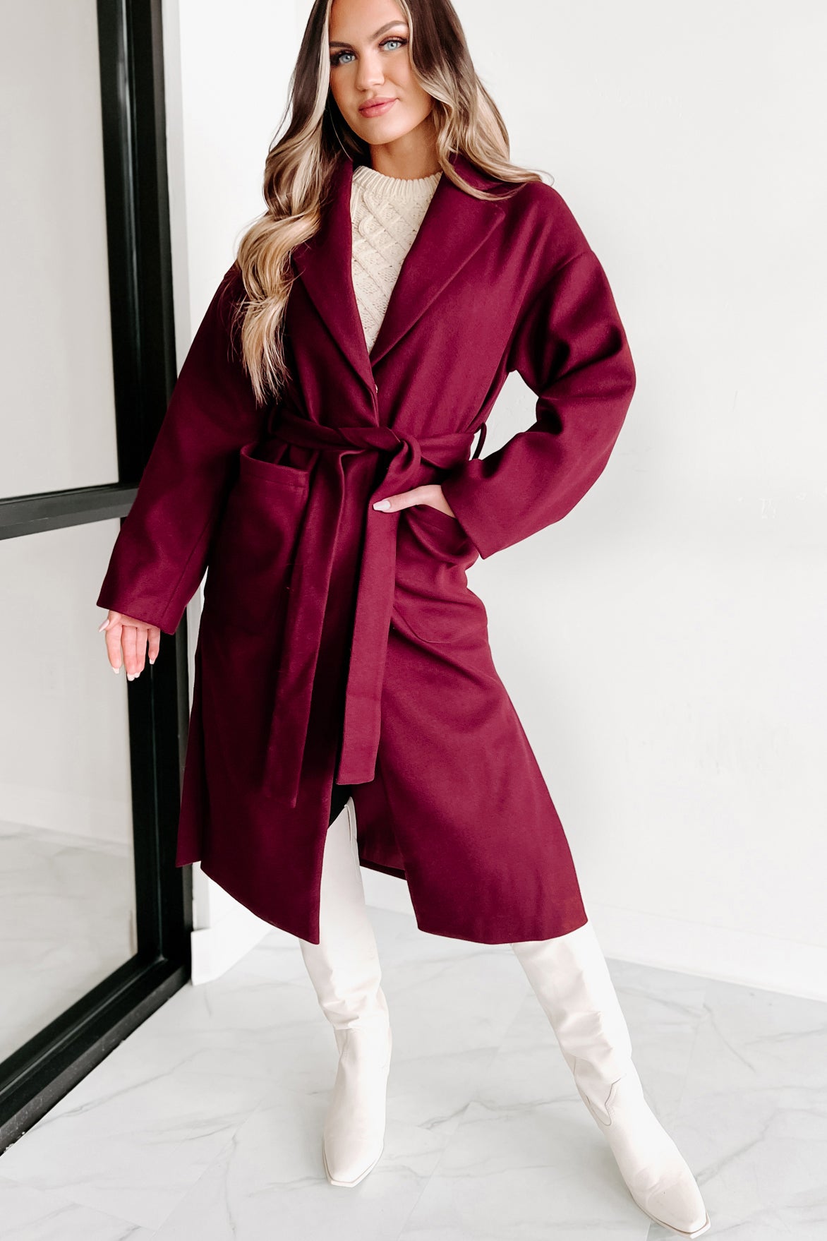 Burgundy wrap coat sale