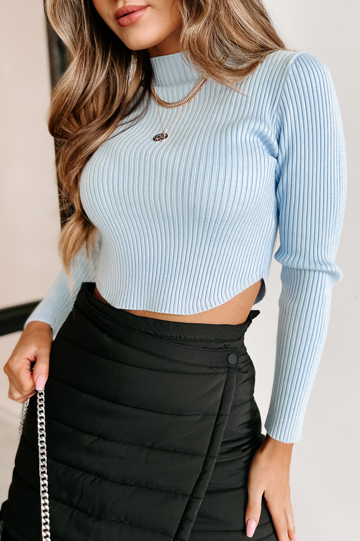 All About Us Mock Neck Cropped Sweater Top (Baby Blue) - NanaMacs
