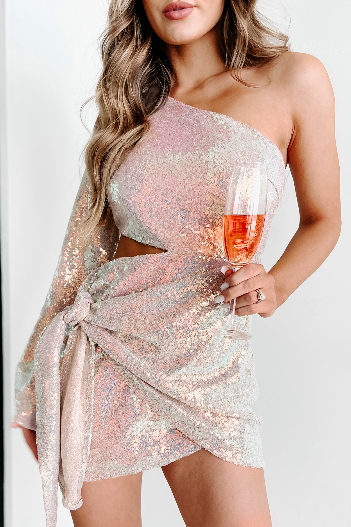 Shimmer & Shine One Shoulder Sequin Mini Dress (Rose Gold) - NanaMacs
