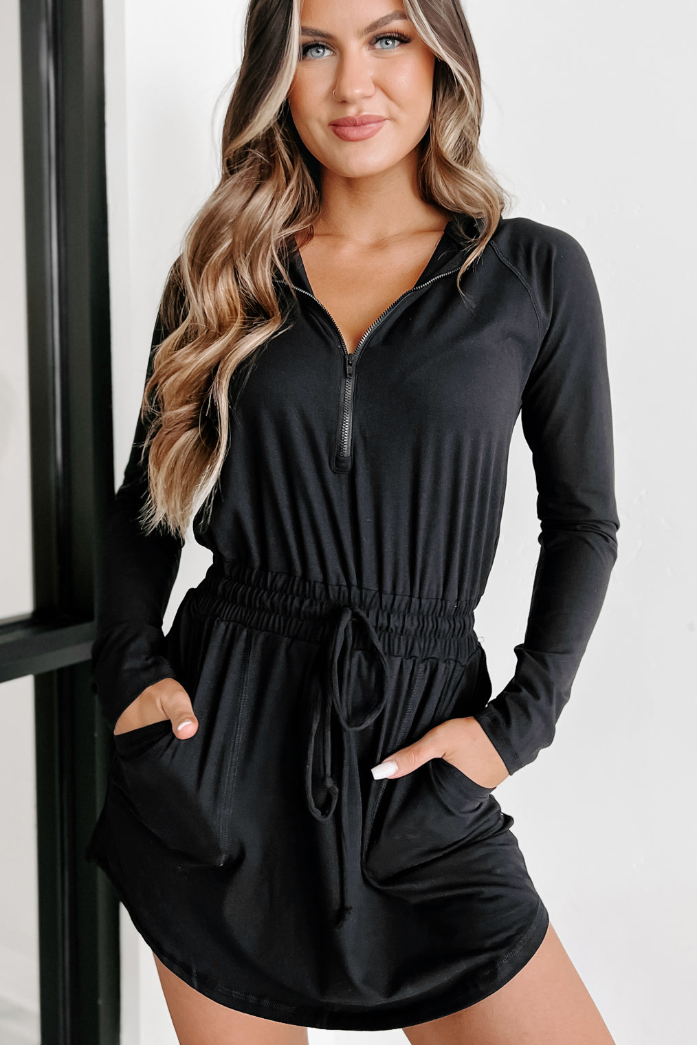 Women's Long Sleeve Buttery Soft Hoodie Romper Dress in Black