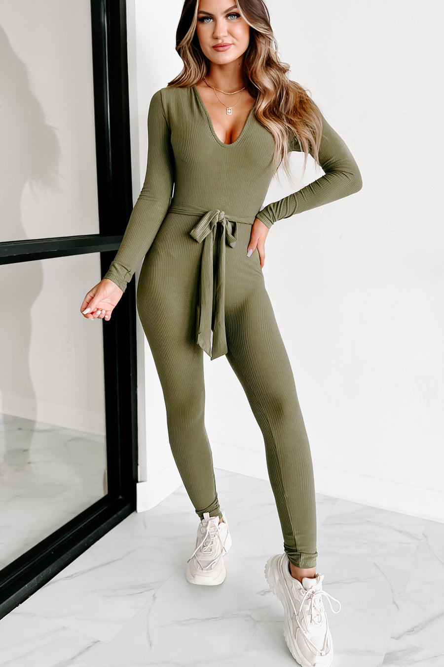 Don't Worry About Me Ribbed Jumpsuit (Olive) - NanaMacs