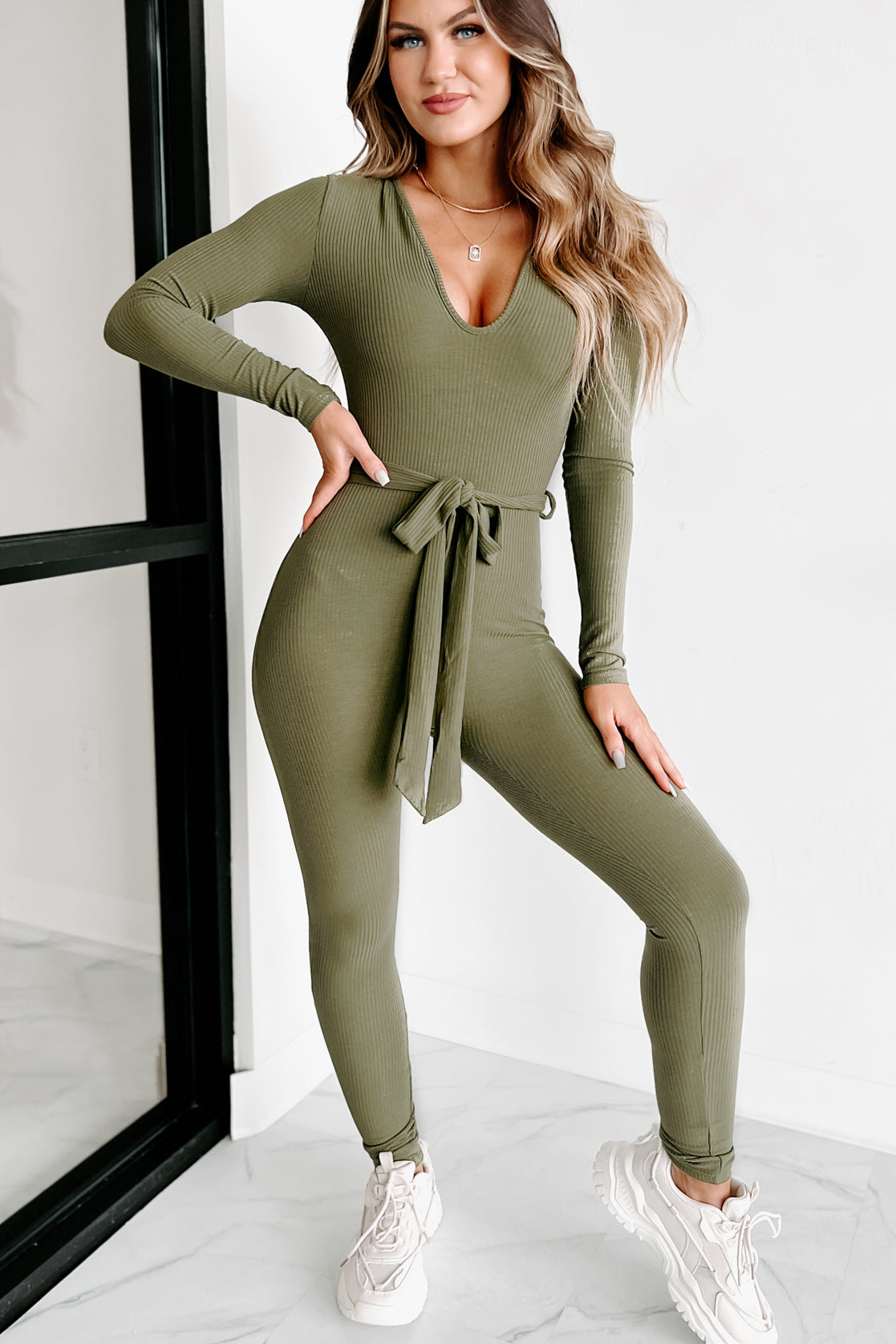 Don't Worry About Me Ribbed Jumpsuit (Olive) - NanaMacs
