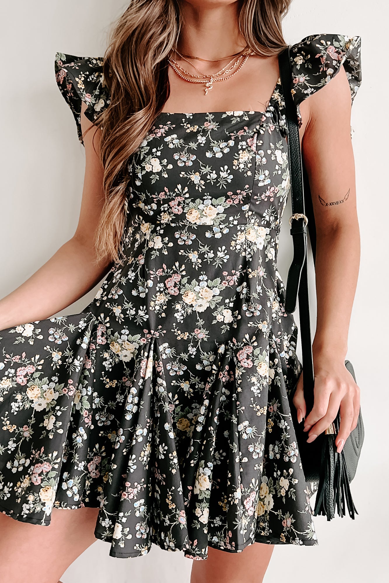 Perfect Lady Floral Open Back Mini Dress (Black) - NanaMacs