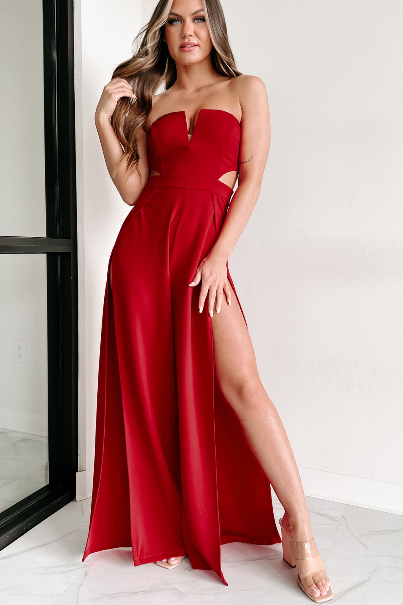 Let My Guard Down Strapless Cut Out Jumpsuit (Red) - NanaMacs