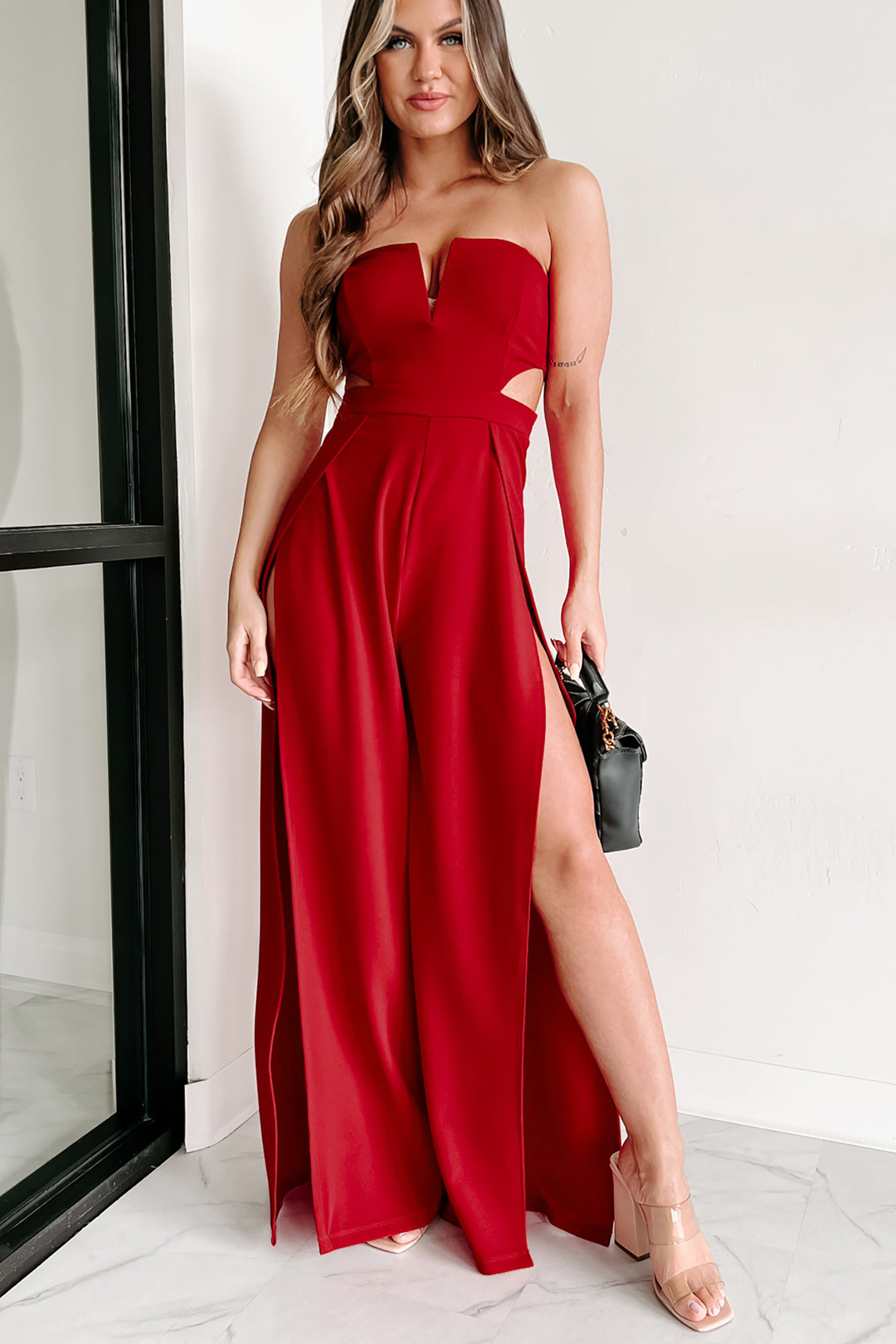 Let My Guard Down Strapless Cut Out Jumpsuit (Red) - NanaMacs