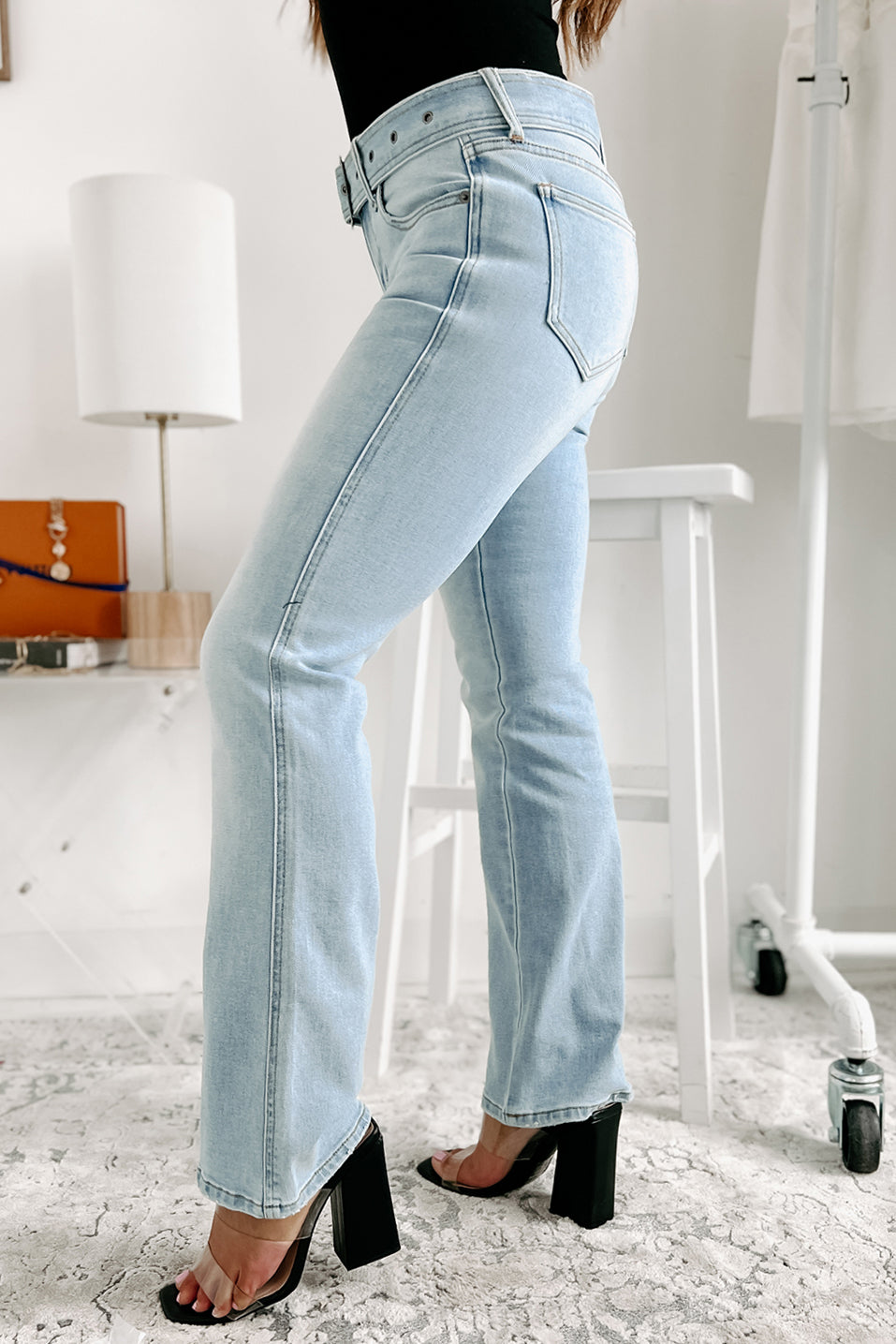 Matching Vibes Belted Low Rise Cello Flare Jeans (Light) - NanaMacs