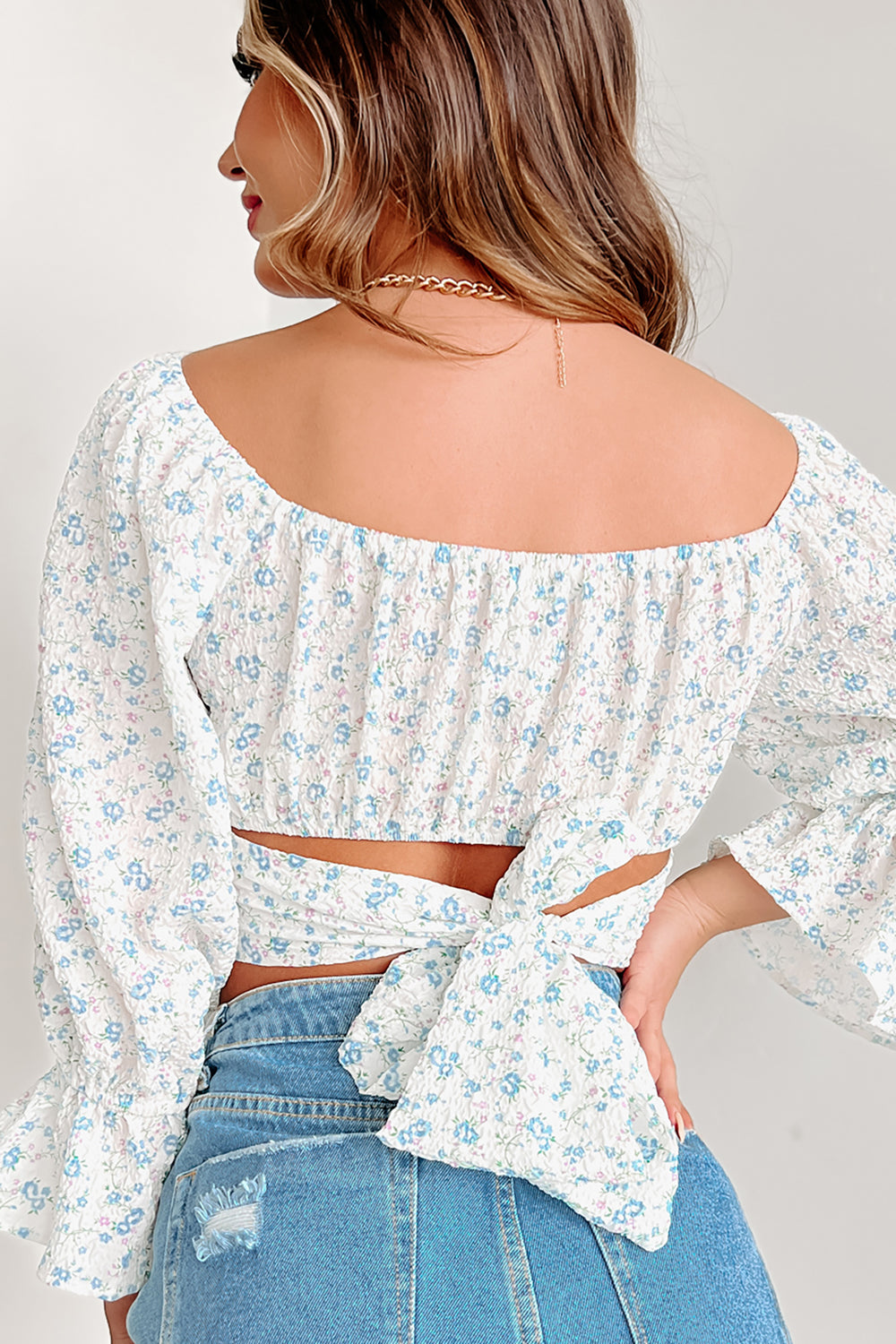 Tell Me Anyway Floral Tie Back Crop Top (Blue) - NanaMacs
