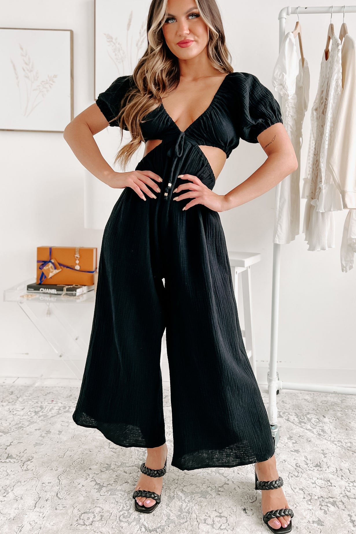 Yours Truly Puff Sleeve Cut Out Jumpsuit (Black) - NanaMacs