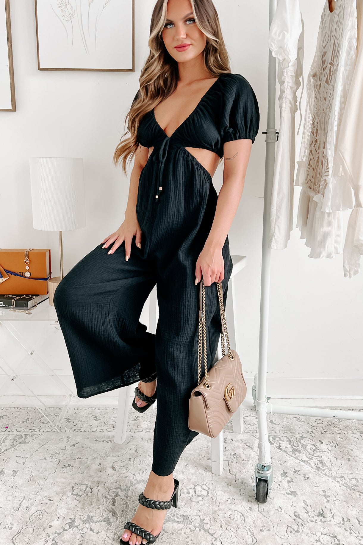 Yours Truly Puff Sleeve Cut Out Jumpsuit (Black) - NanaMacs