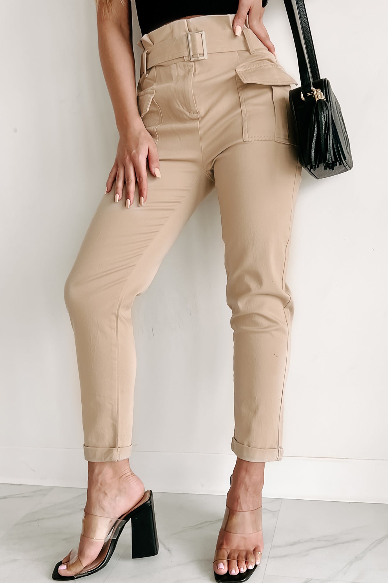 Nina Belted Paperbag Pants (Light Khaki) - NanaMacs