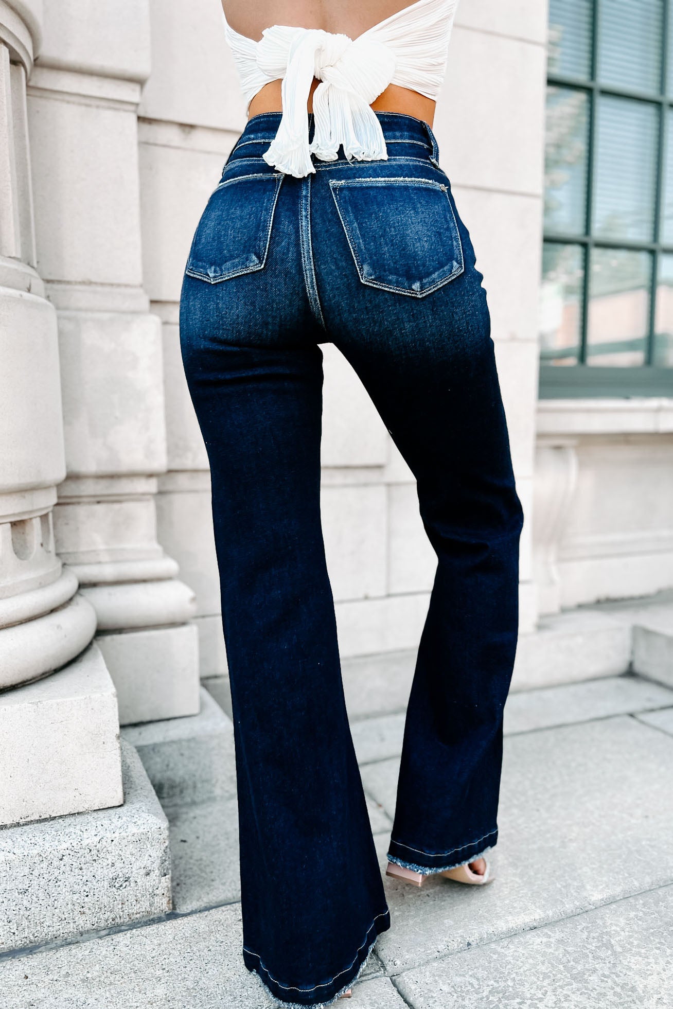 One More Round High Rise Distressed Flare Jeans (Dark) - NanaMacs