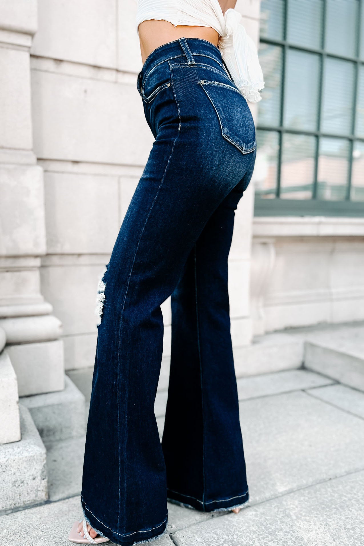 One More Round High Rise Distressed Flare Jeans (Dark) - NanaMacs