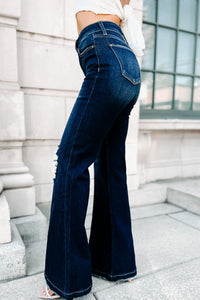 One More Round High Rise Distressed Flare Jeans (Dark) - NanaMacs