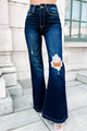 One More Round High Rise Distressed Flare Jeans (Dark) - NanaMacs