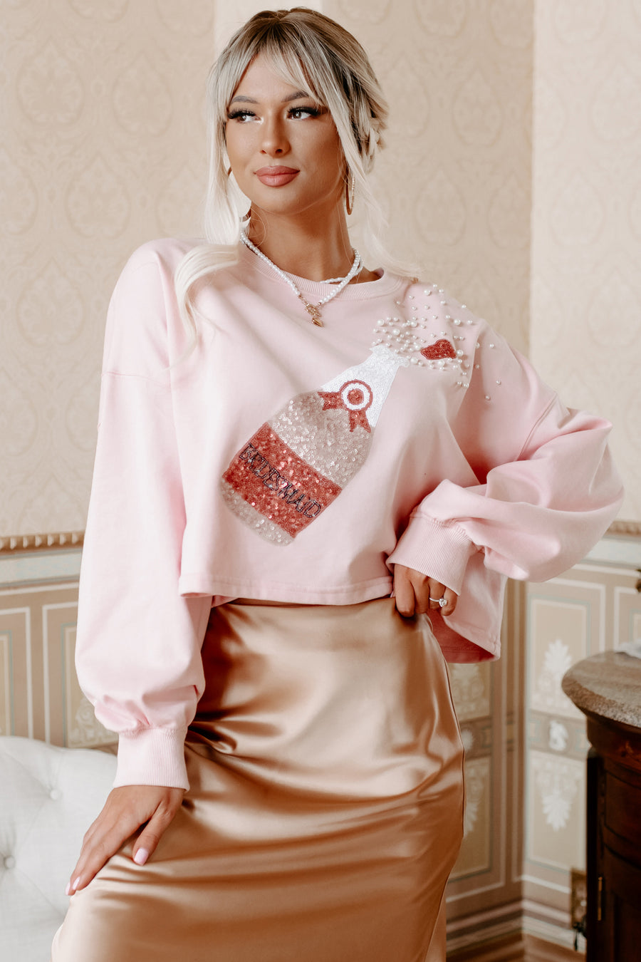 Celebrate Good Times Sequin Bridesmaid Graphic Top (Light Pink) - NanaMacs