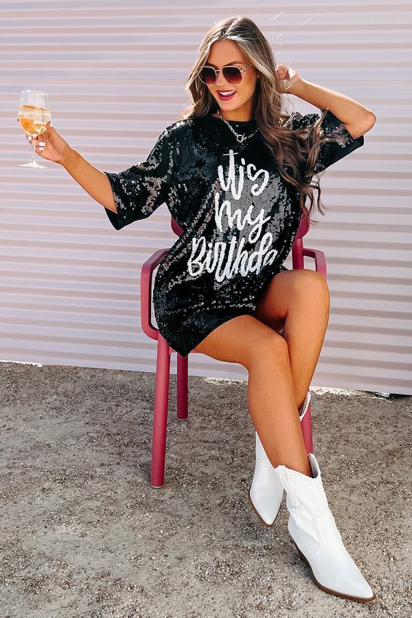 "It's My Birthday" Sequin T-Shirt Dress (Black) - NanaMacs