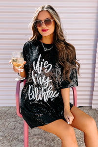 "It's My Birthday" Sequin T-Shirt Dress (Black) - NanaMacs