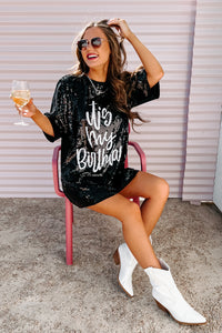 "It's My Birthday" Sequin T-Shirt Dress (Black) - NanaMacs