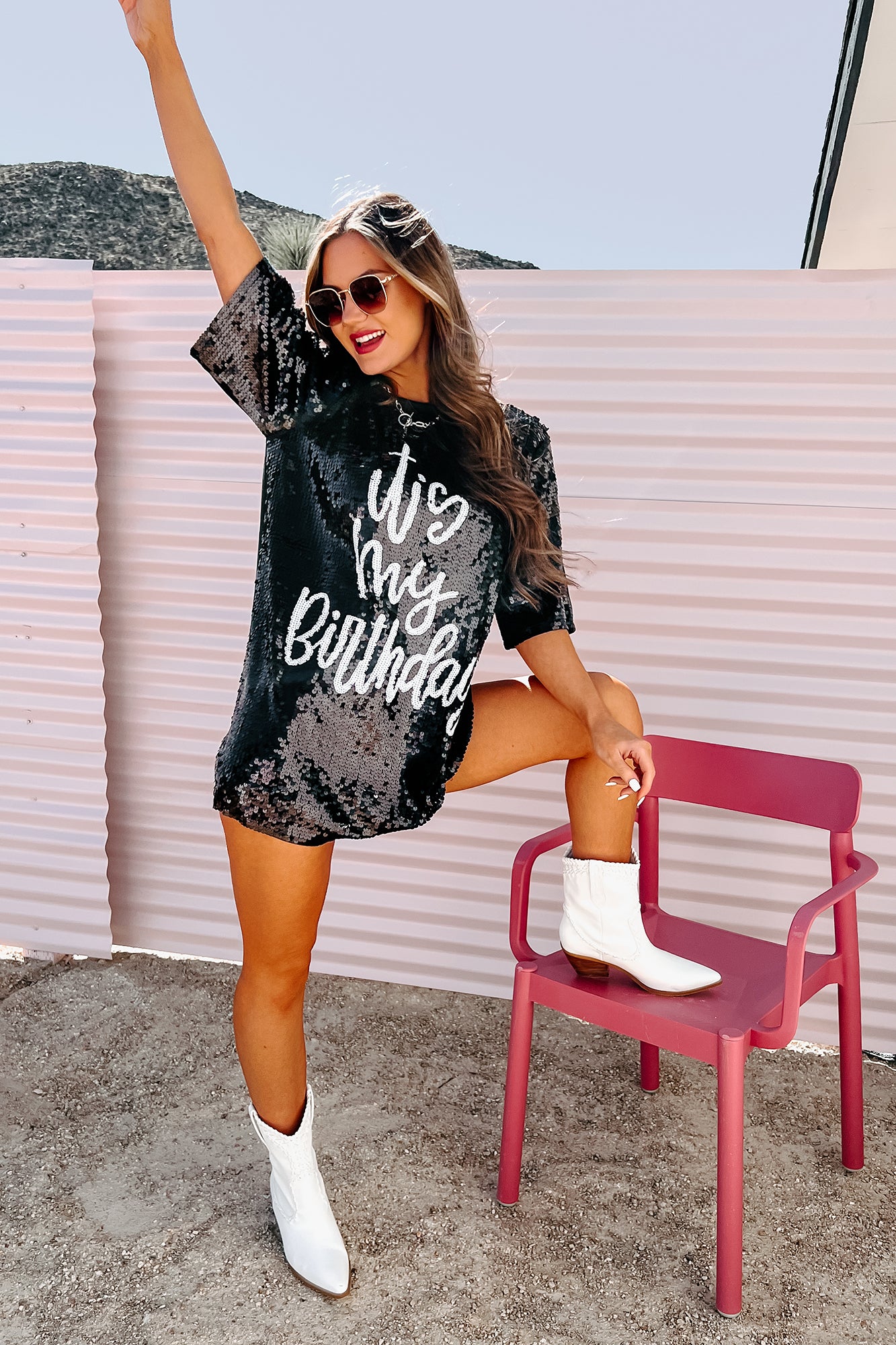 "It's My Birthday" Sequin T-Shirt Dress (Black) - NanaMacs