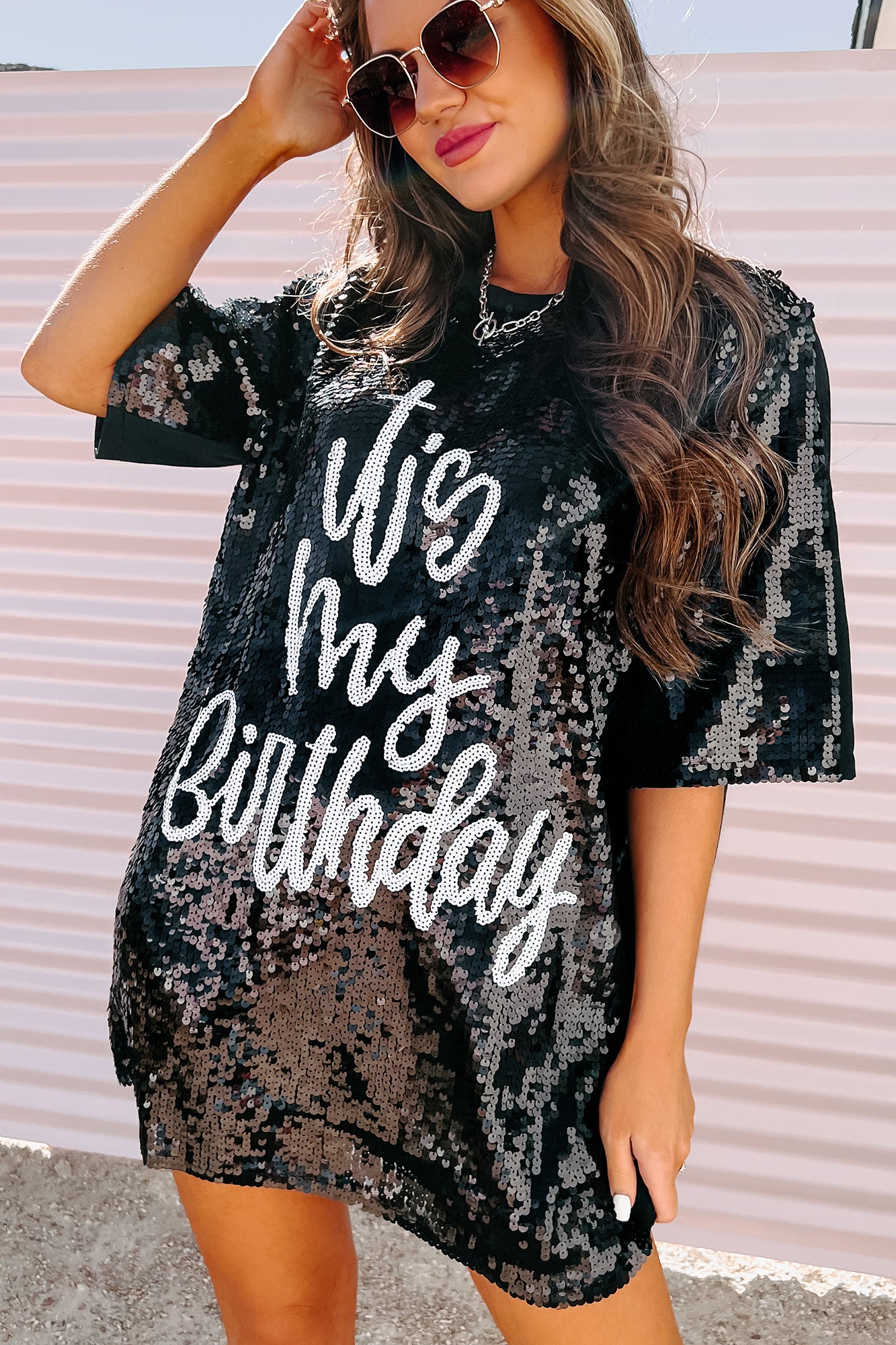 "It's My Birthday" Sequin T-Shirt Dress (Black) - NanaMacs