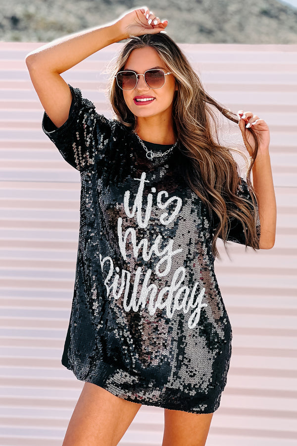 "It's My Birthday" Sequin T-Shirt Dress (Black) - NanaMacs