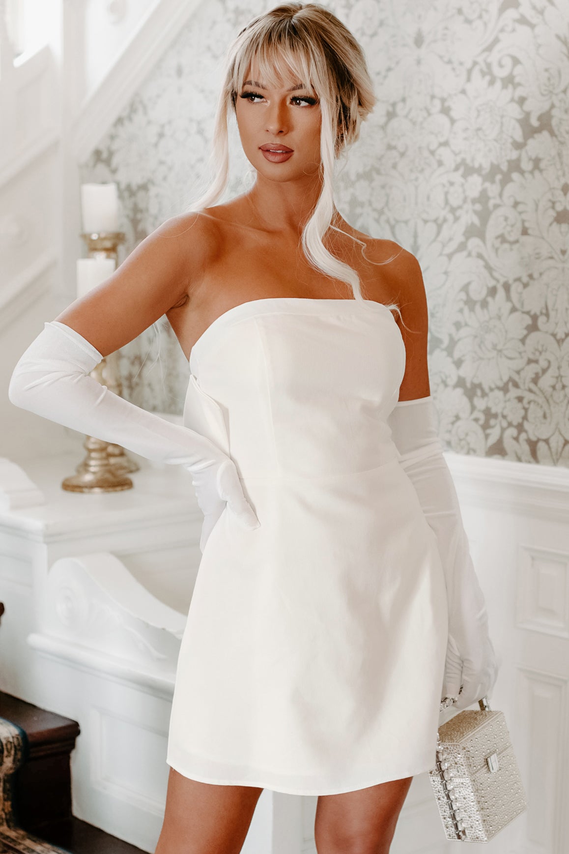 White Strapless Sheath Dress