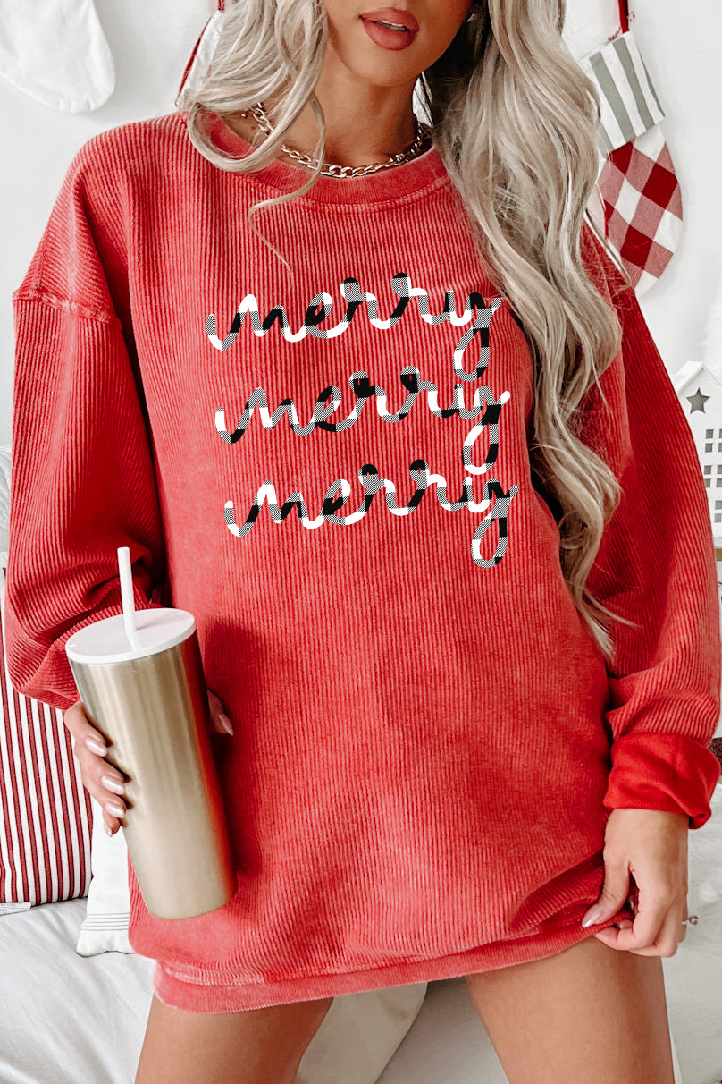 Be Merry, Merry, Merry Graphic Corded Crewneck (Red) - Print On Demand - NanaMacs