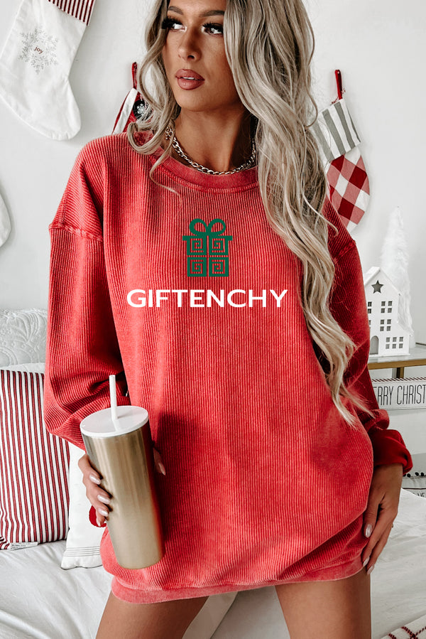 "GIFTENCHY" Parody Graphic Corded Crewneck (Red) - Print On Demand - NanaMacs