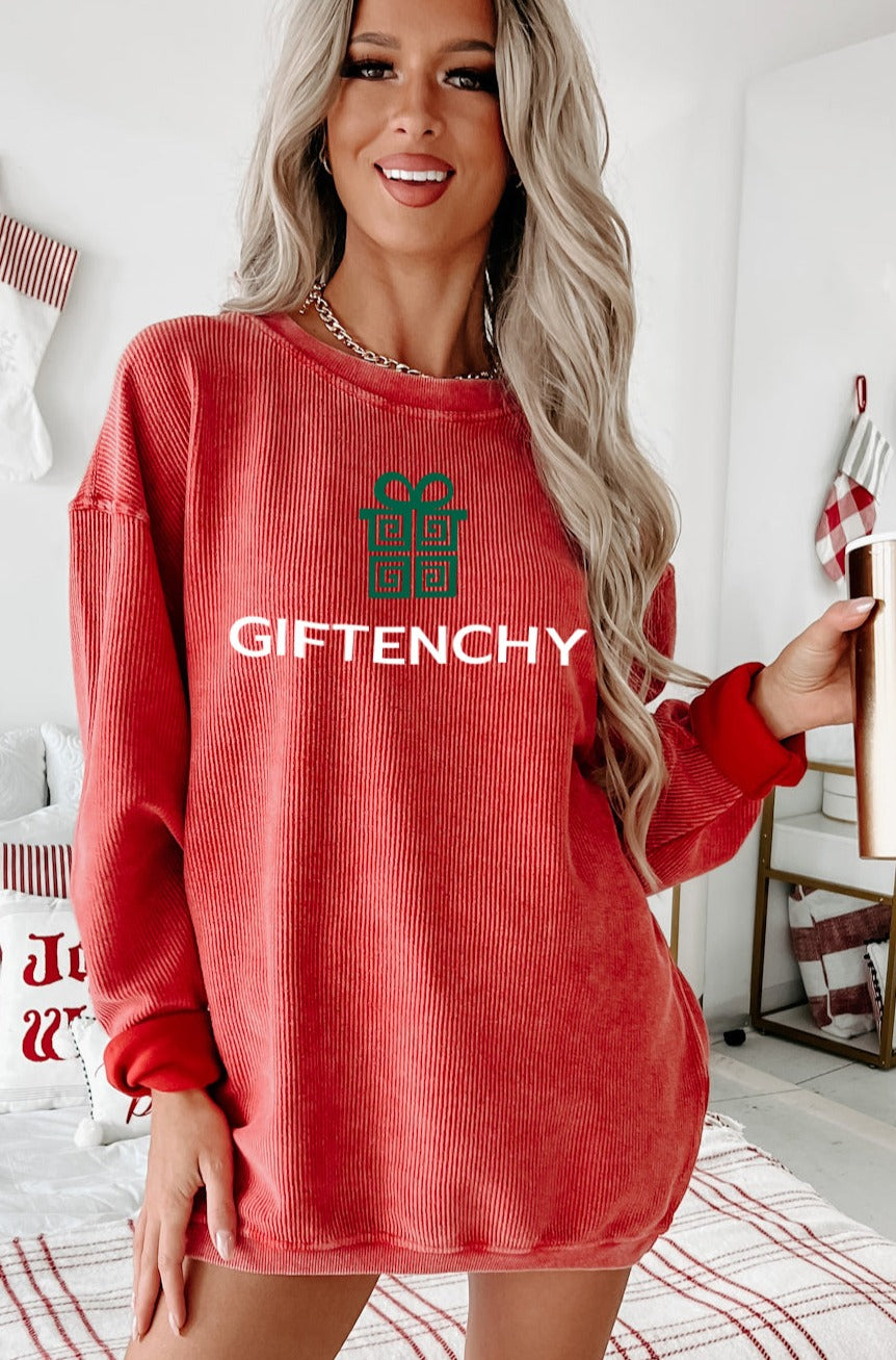 "GIFTENCHY" Parody Graphic Corded Crewneck (Red) - Print On Demand - NanaMacs