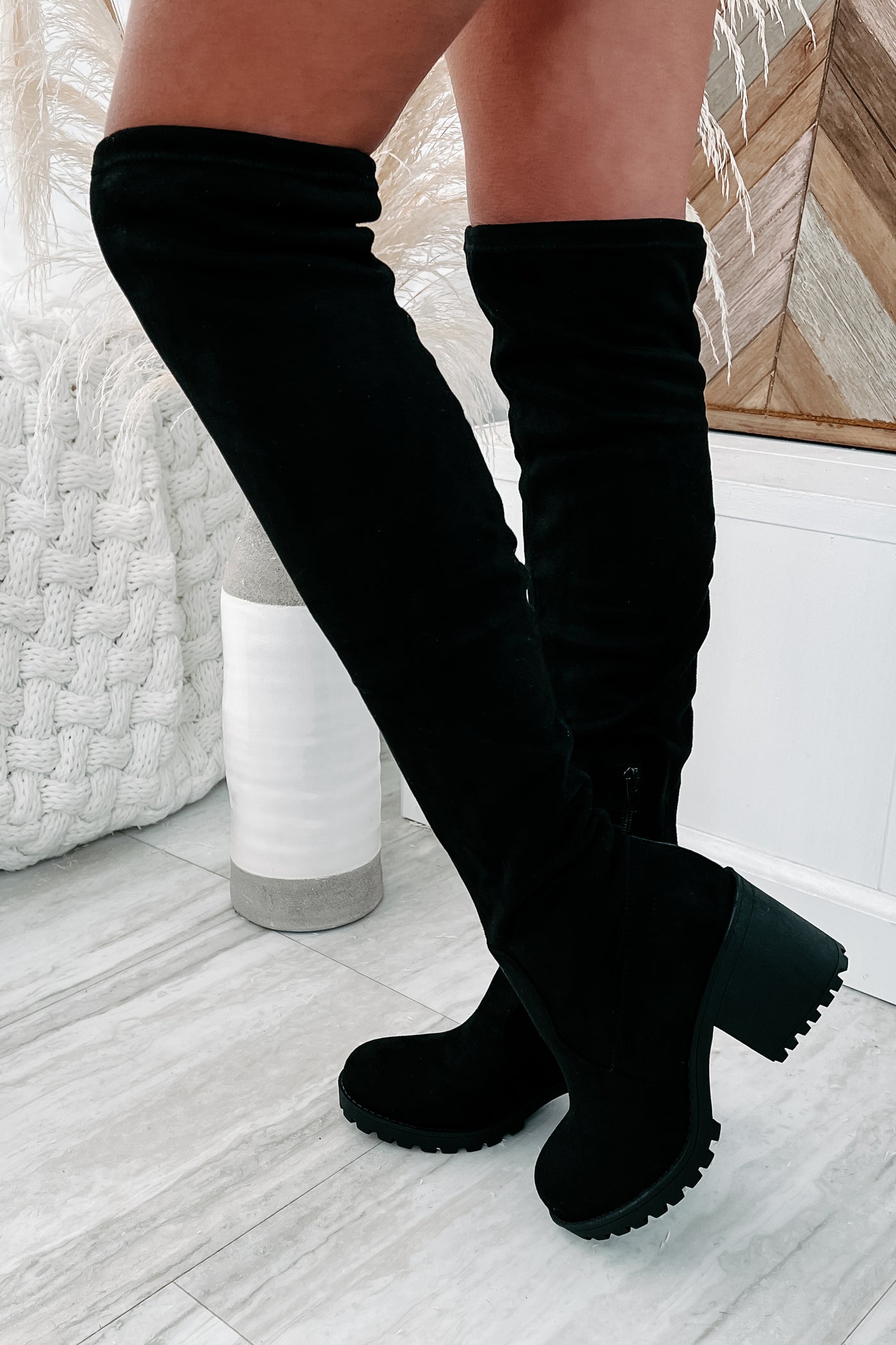 Get To Steppin' Faux Suede Over The Knee Boots (Black) - NanaMacs